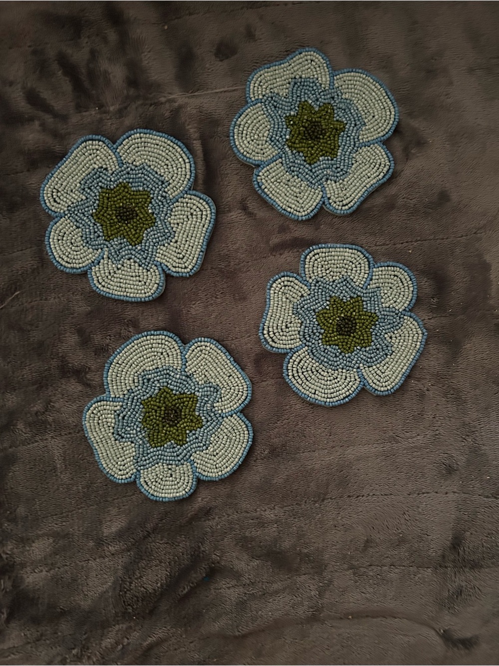 4 Handmade Beaded Floral Coasters - Blue, Cream & Olive